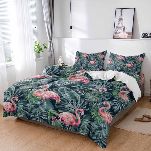 King 4 Piece Bedding Set Tropical Pink Flamingo Plants Soft Breathable Duvet Cover and Pillowcase, Watercolor Monstera Leaves Duvet Cover Set Bed Sheets for Bedroom Dormitory Guest Room