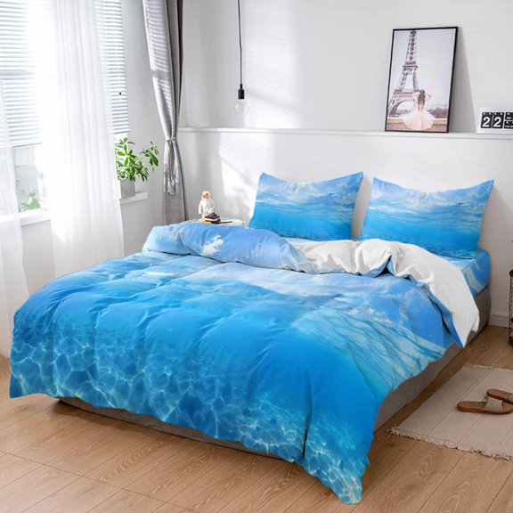 King 4 Piece Bedding Set Underwater Blue Ocean Water Waves Sunshine Through Deep Sea View Soft Breathable Duvet Cover and Pillowcase, Seascape Duvet Cover Set Bed Sheets for Bedroom Guest Room