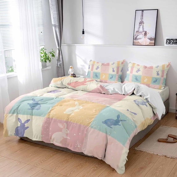King 4 Piece Bedding Set Vintage Spring Easter Abstract Rabbit Soft Breathable Duvet Cover and Pillowcase, Colorful Checkered Plaid Duvet Cover Set Bed Sheets for Bedroom Dormitory Guest Room