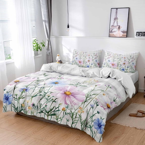 King 4 Piece Bedding Set Watercolor Spring Flower Daisy Soft Breathable Duvet Cover and Pillowcase, Herbs Floral Leaf on Buffalo Duvet Cover Set Bed Sheets for Bedroom Dormitory Guest Room