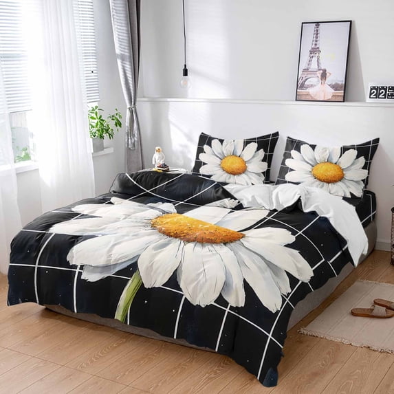 King 4 Piece Bedding Set Watercolor White Daisy Flower Soft Breathable Duvet Cover and Pillowcase, Black Checkered Plaid Duvet Cover Set Bed Sheets for Bedroom Dormitory Guest Room