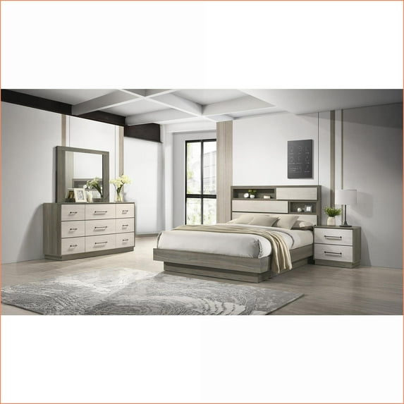 King 4-Piece Modern Wood Bedroom Set with 9-Drawer Dresser & USB Nightstand | Beige & Brown | Wood | Double Dressers
