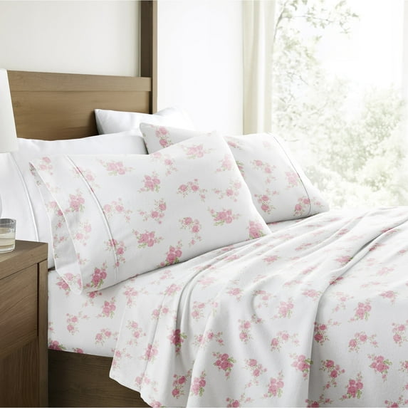 100% Cotton Flannel Bed Sheets Set for King Size Bedding in Rose Bunch Pink by Comfort Canopy