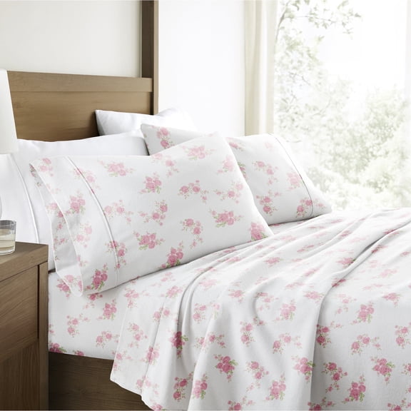 100% Cotton Flannel Bed Sheets Set for King Size Bedding in Rose Bunch Pink by Comfort Canopy