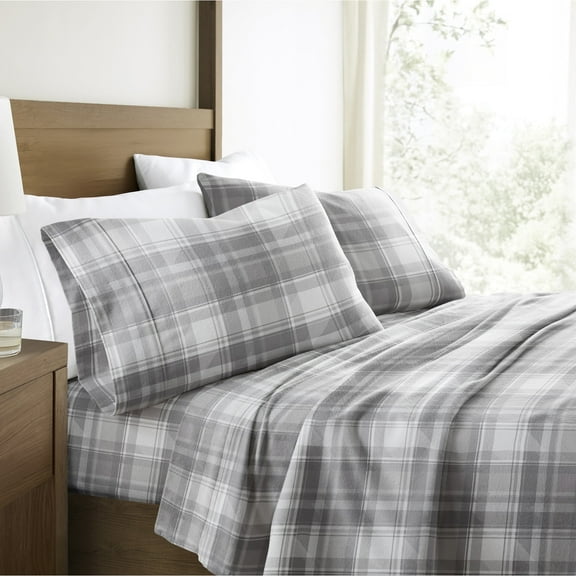 100% Cotton Flannel Bed Sheets Set for King Size Bedding in Plaid Light Gray by Comfort Canopy