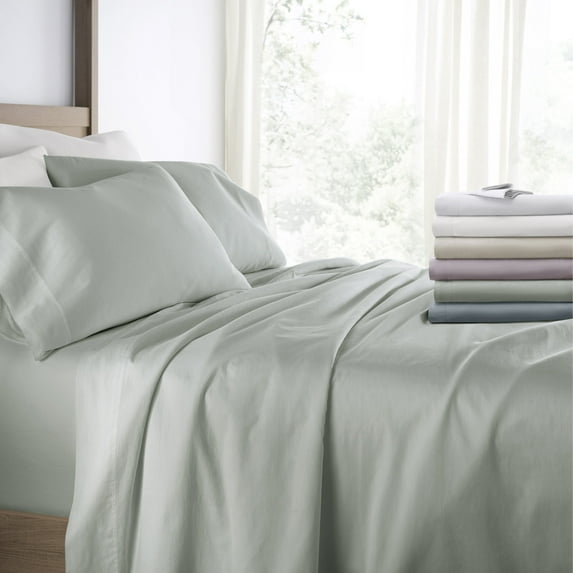Long-Staple Sateen Cotton Sheets Set - Ultra Soft Double Brushed & Washed in Green Mist for King Size Bedding - Comfort Canopy