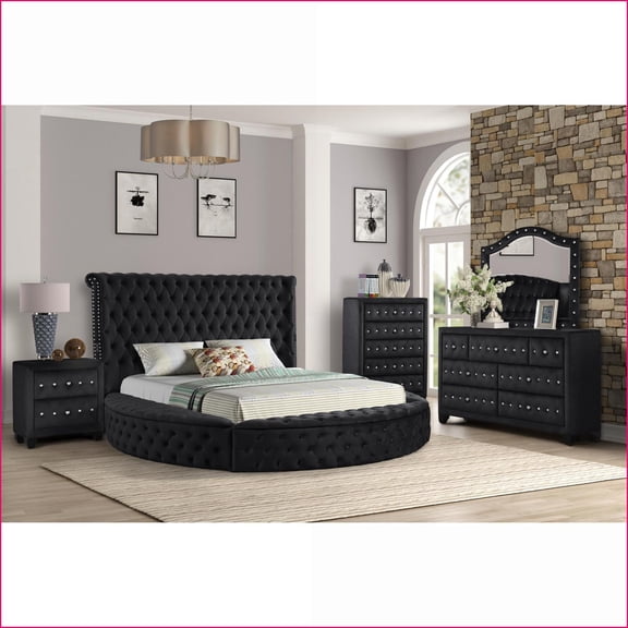 King 5-Pc Modern Bedroom Set Solid Wood, Black Velvet with Storage, USB Ports & Speakers | Black | Wood