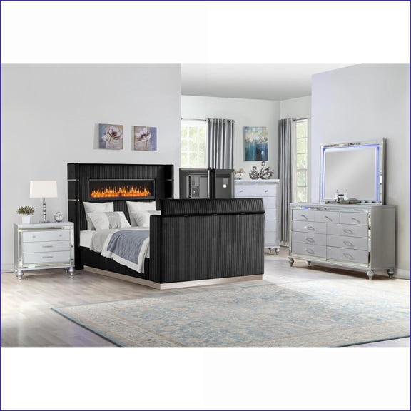 King 5-Piece Modern Bedroom Set with Fireplace Headboard, TV Stand Footboard | Black Wood | Novelty Beds