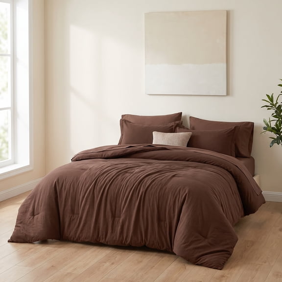 King 7Piece Bed in a Bag Bedding Set, Dark Brown PreWashed Soft Breathable, AllSeason Bedroom Complete Bedding