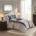 thumbnail image 1 of King 7-Piece Jacquard Comforter Set with Bed Skirt & Throw Pillows, Navy/Taupe/Ivory Embroidered Bedding Ensemble Five, 1 of 18