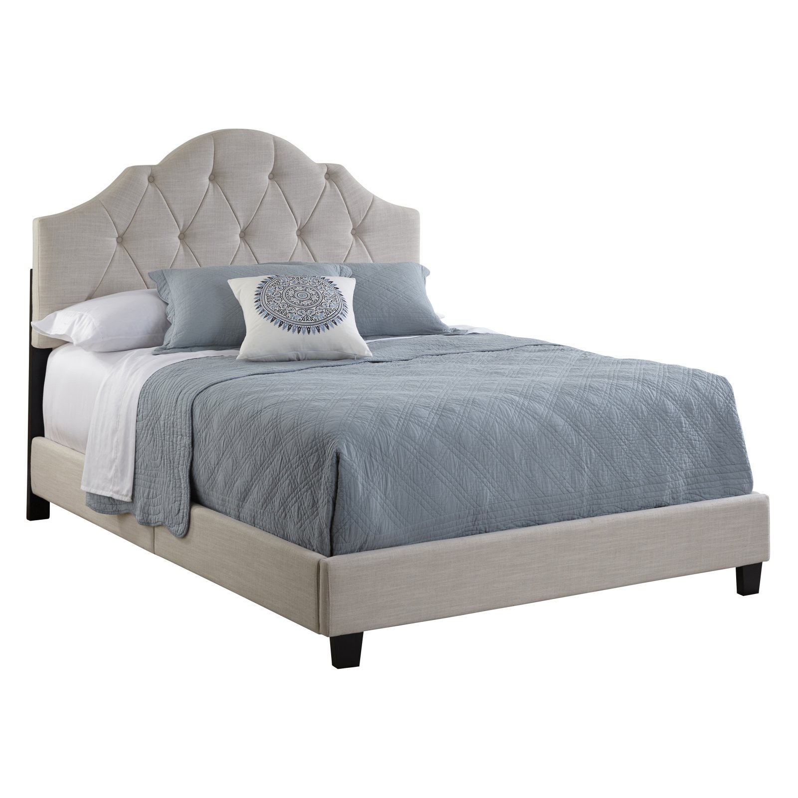 King All-In-One Scalloped Tufted Upholstered Bed in Linen White