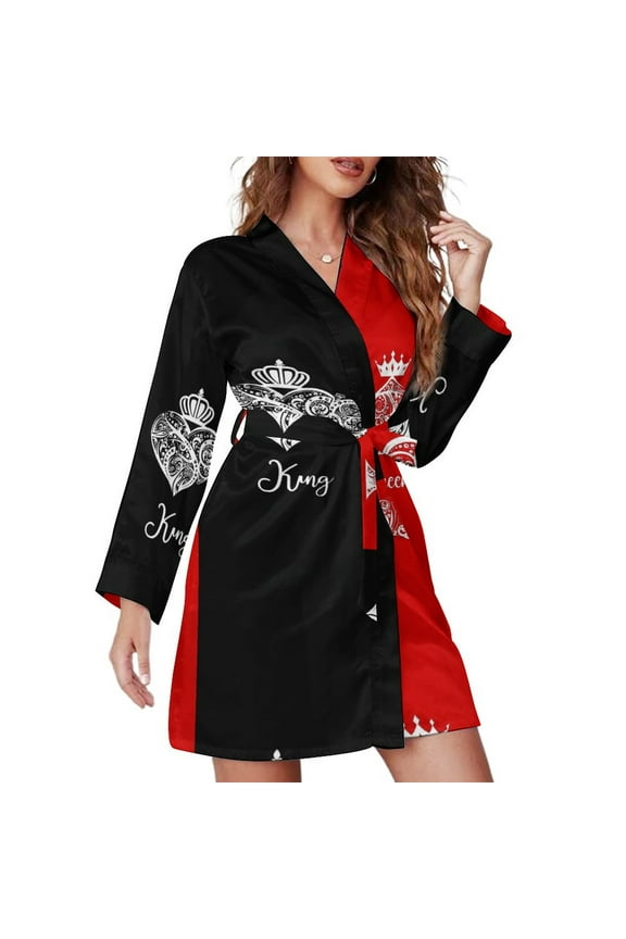 King And Queen Night Robe Long Sleeve V Neck Robe With Belt Women's Sleepwear Dresses