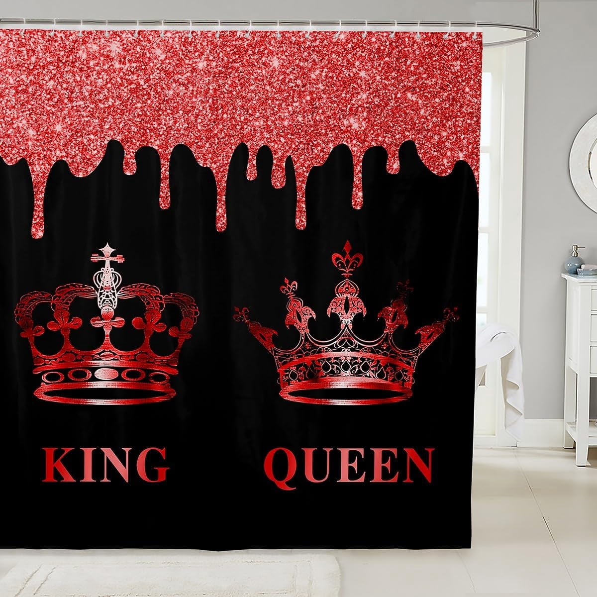 King And Queen Shower Curtain Red Glitter Black Crown Bath Set with ...