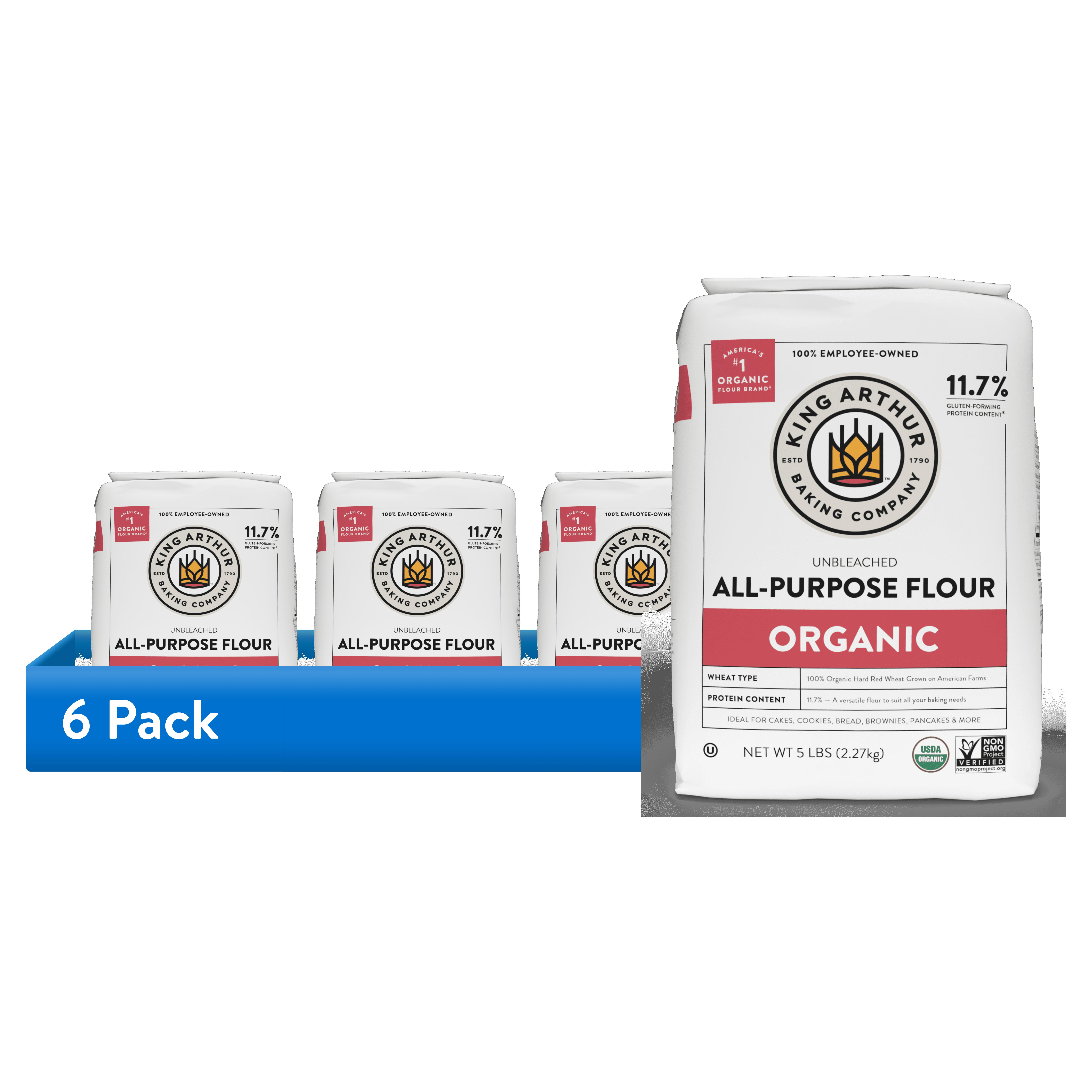 (6 pack) King Arthur Baking Company USDA Organic, Non-GMO Project Verified Unbleached All-Purpose Flour, 5 lb Bag