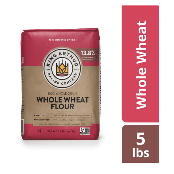 King Arthur Baking Company 100% Whole Wheat Flour, Whole Grain, Non-GMO, Kosher, 5 lb Bag