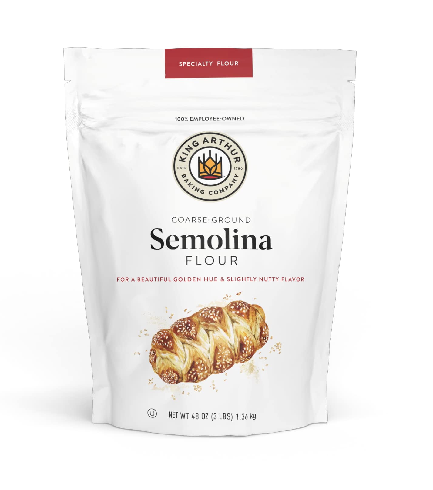King Arthur Premium Semolina BDF32 Flour: Coarse Ground, Durum Wheat for Perfect Pasta, Pizza, and Bread Making - Kosher, 3 lbs Resealable Bag, USA-Grown Wheat, Versatile Baking Ingredient