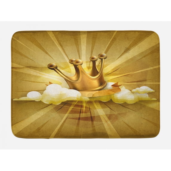 King Bath Mat, Medieval Fairytale Inspired Crown with Clouds Abstract Bold Striped Image, Non-Slip Plush Mat Bathroom Kitchen Laundry Room Decor, 29.5 X 17.5 Inches, White Yellow and Gold, Ambesonne