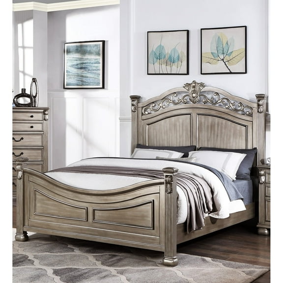King Bed, Antique Champagne, Traditional Molding Style Bedframe King, Silver With Crafted Details