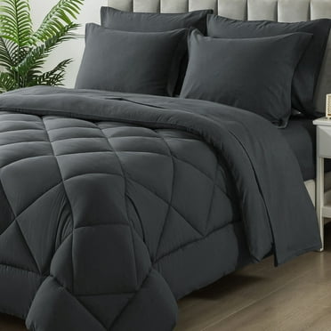 Wishead King Bed in a Bag Comforter Set with 7 Pieces - Dark Gray All Season Bedding Sets with Comforter, Pillow Shams, Flat Sheet, Fitted Sheet and Pillowcases