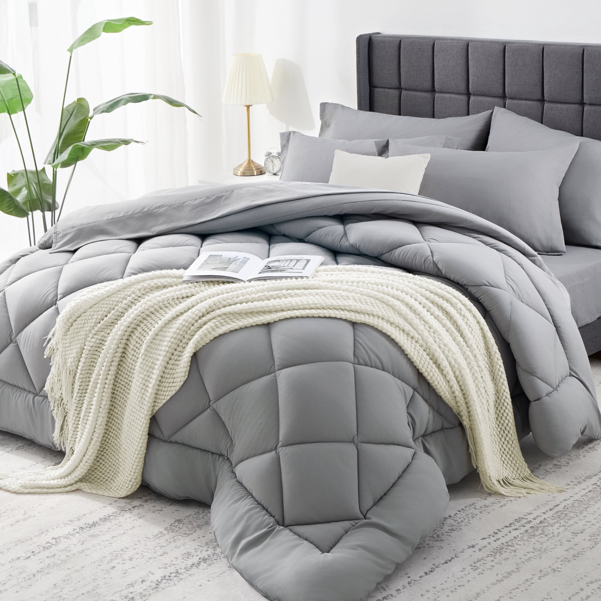 WISHEAD King Bed in a Bag Comforter Set with 7 Pieces - Light Gray All Season Bedding Sets with Comforter, Pillow Shams, Flat Sheet, Fitted Sheet and Pillowcases