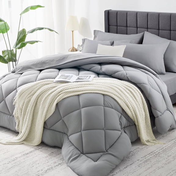 WISHEAD King Bed in a Bag Comforter Set with 7 Pieces - Light Gray All Season Bedding Sets with Comforter, Pillow Shams, Flat Sheet, Fitted Sheet and Pillowcases