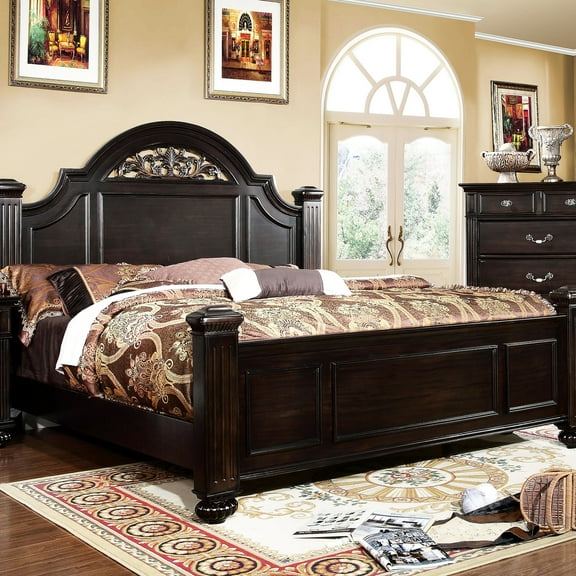 King Bed, Dark Walnut Wood, Casual Style Floral Headboard Feature, Stable Frame Size Walnut, Traditional Accents, Required Foundation