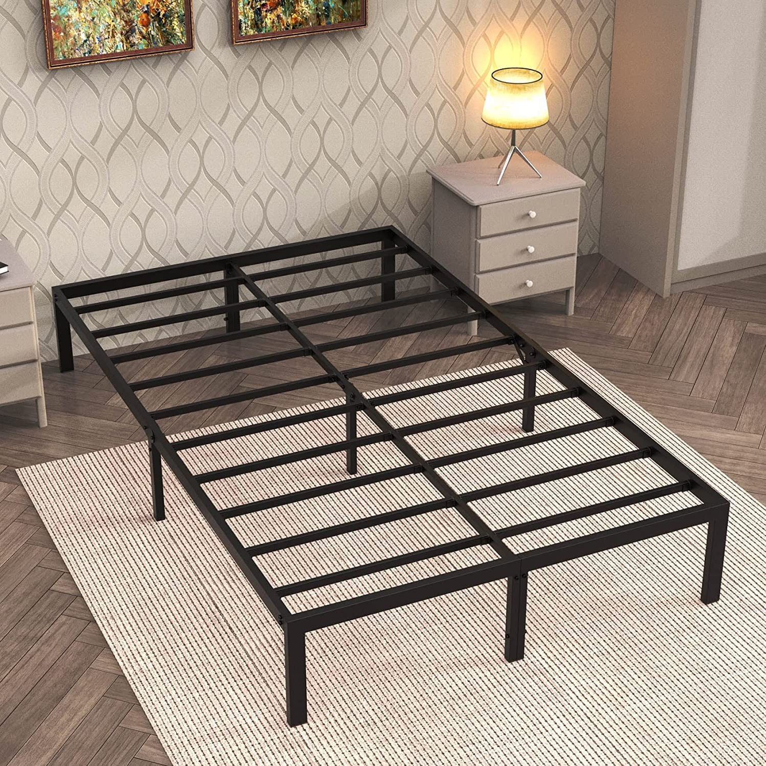 King Bed Frame 14 Inch Platform Heavy Duty Steel Slat King Bed Frame with AntiSlip Support