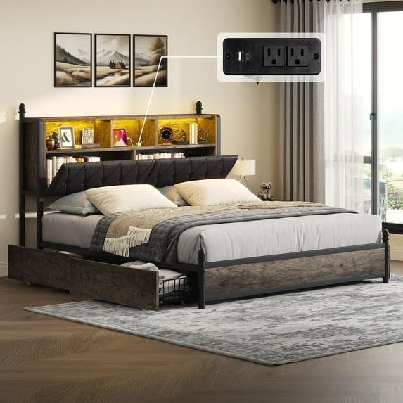 VanAcc King Bed Frame with 2-Tier Storage Headboard, 4 Storage Drawers and Charging Station, Grey