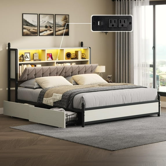 VanAcc King Bed Frame with 2-Tier Storage Headboard, 4 Storage Drawers and Charging Station, White