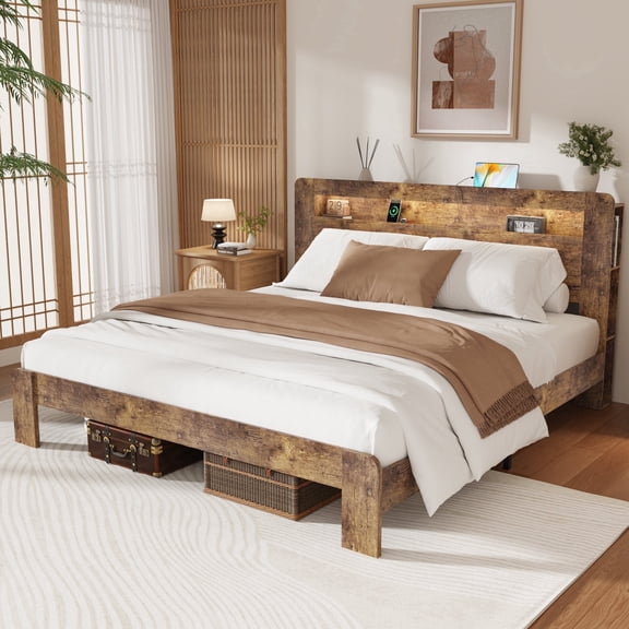 King Bed Frame with 2-Tier Storage Headboard, Solid Wood Platform Bed with Charging Station & LED Light, Under-Bed-Storage, No Box Spring Needed, Noise Free, Easy Assembly, Vintage Brown