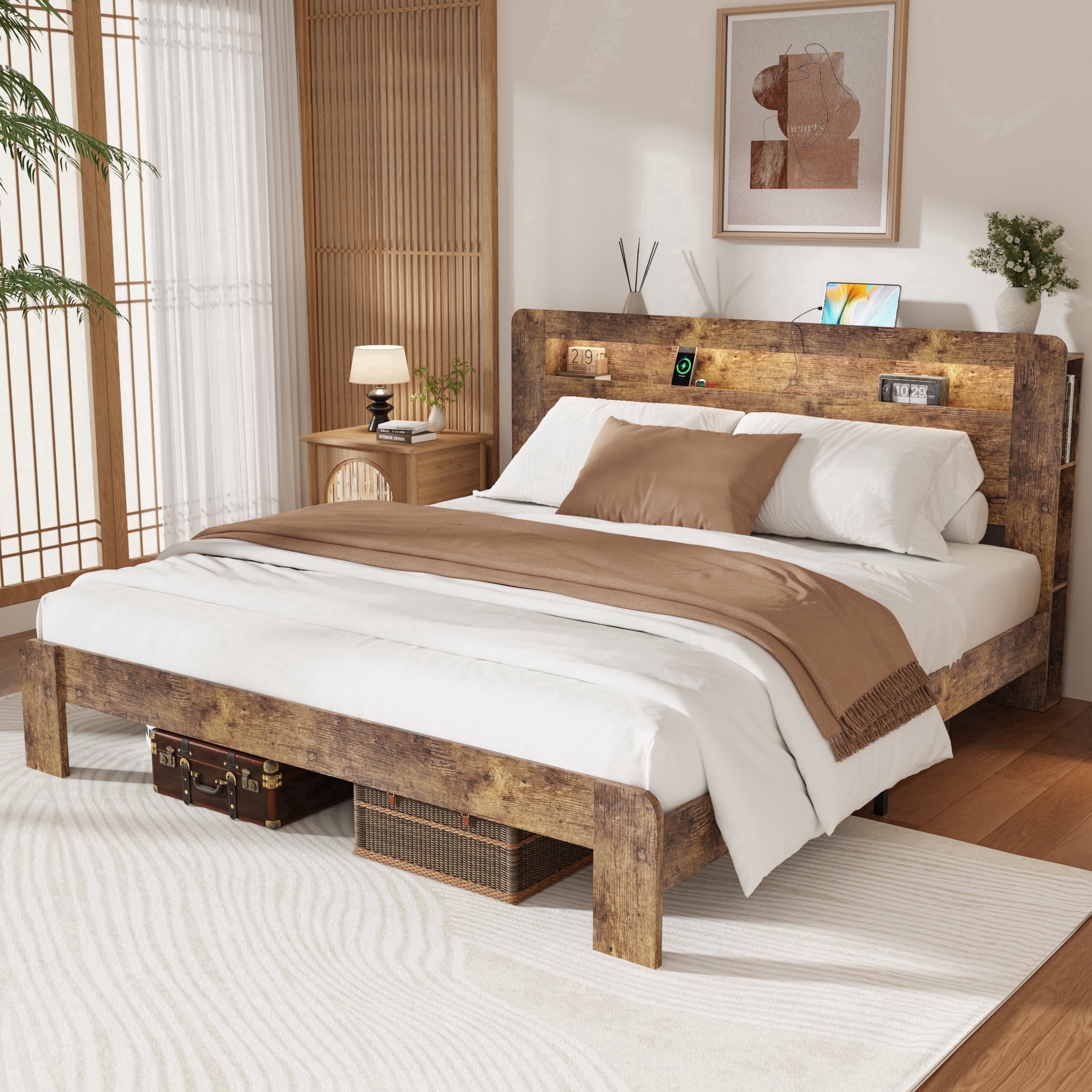 Wooden King Bed Frame with Storage Headboard, Modern Rustic Farmhouse Platform Bed with Charging Station, LED Light, No Box Spring Needed, Noise Free, Easy Assembly, Vintage Brown
