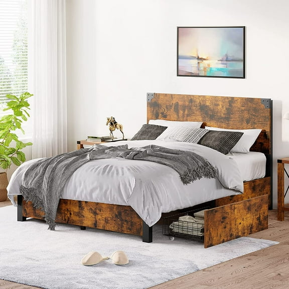 King Bed Frame with 4 Drawers, Full Size Bed Frame with Storage, Metal Platform Bed Frame Full Size with Wood Headboard, Noise-Free, No Box Spring Needed, Rustic Brown