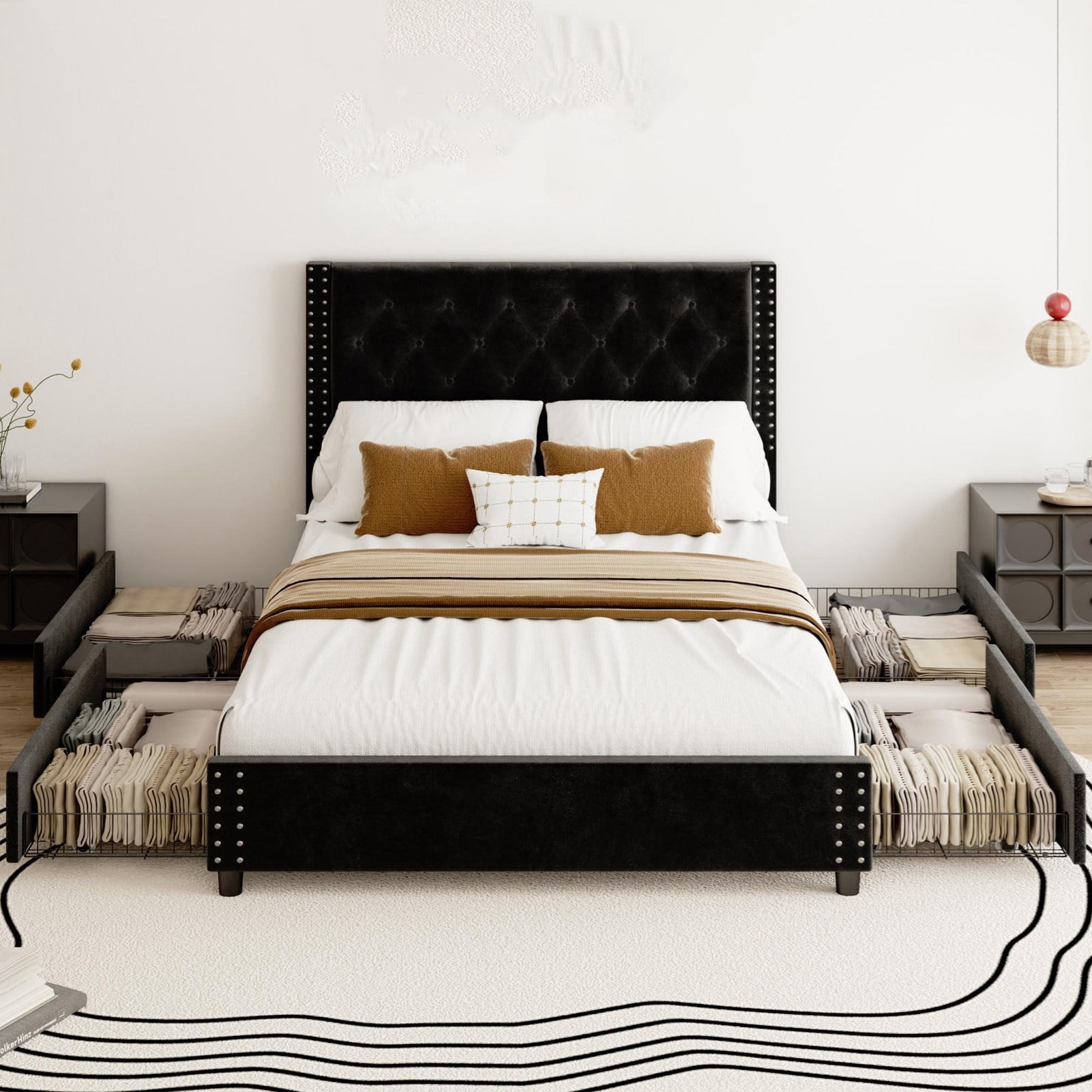 King Bed Frame with 4 Storage Drawers, Black King Size Bed Frame with Headboard, Mattress Foundation Upholstered Bed Frame with Wood Slat Support, No Spring Box Needed