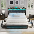 thumbnail image 1 of King Bed Frame with 4 Storage Drawers, King Size Platform Bed with Charging Station and Storage Shelves, Upholstered Headboard and Footboard with LED Lights, No Box Spring Needed, Black, 1 of 7