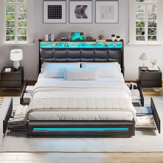 King Bed Frame with 4 Storage Drawers, King Size Platform Bed with Charging Station and Storage Shelves, Upholstered Headboard and Footboard with LED Lights, No Box Spring Needed, Black