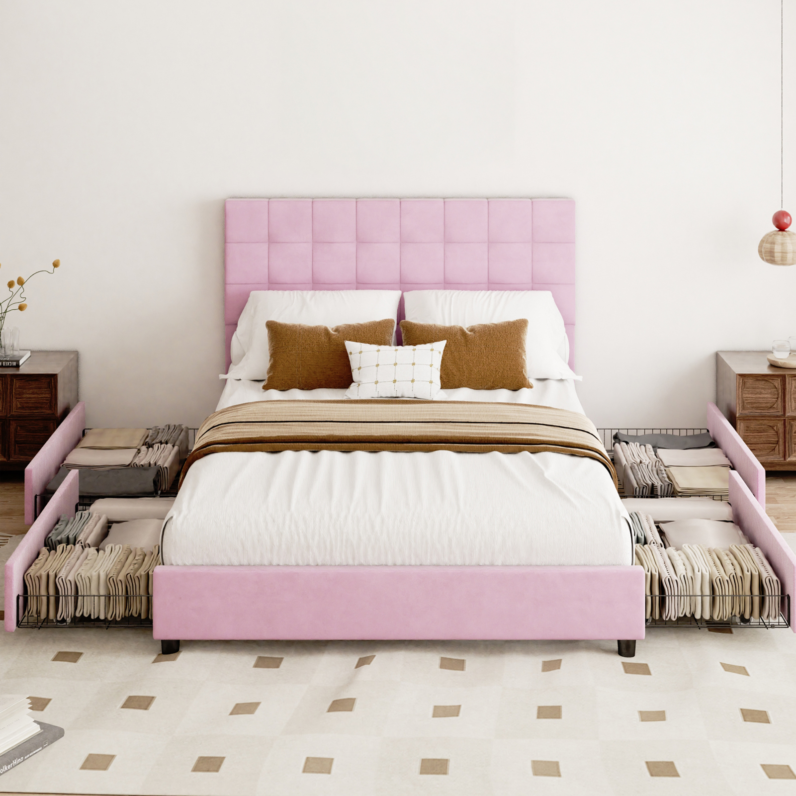 King Bed Frame with 4 Storage Drawers, Pink King Size Bed Frame with Headboard, Mattress Foundation Upholstered Bed Frame with Wood Slat Support, No Spring Box Needed