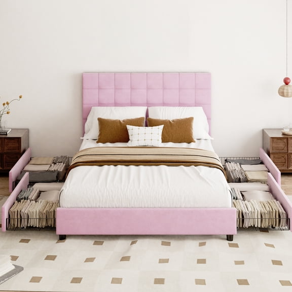 King Bed Frame with 4 Storage Drawers, Pink King Size Bed Frame with Headboard, Mattress Foundation Upholstered Bed Frame with Wood Slat Support, No Spring Box Needed