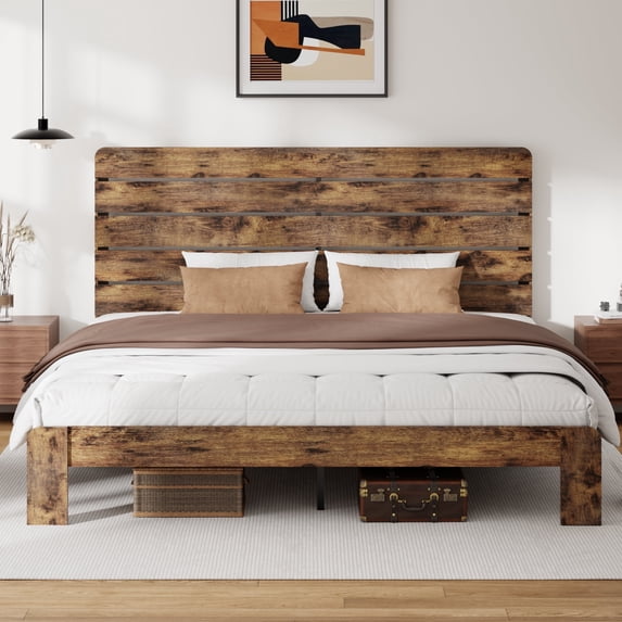 Wooden King Bed Frame with 49.9" Tall Headboard, Rustic Farmhouse Platform Bedframe with Wood Slat Support, No Box Spring Needed, Sturdy and Noise Free, Easy Assembly, Brown