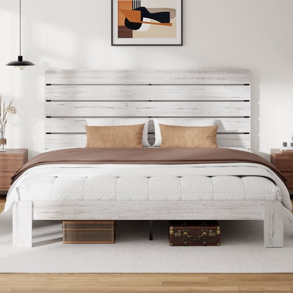 Wooden King Bed Frame with 49.9" Tall Headboard, Rustic Farmhouse Platform Bedframe with Wood Slat Support, No Box Spring Needed, Sturdy and Noise Free, Easy Assembly, White