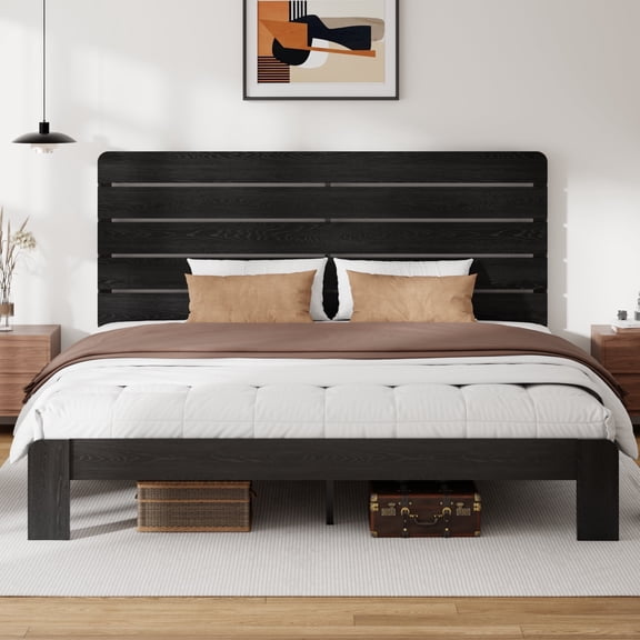 Wooden King Bed Frame with 49.9" Tall Headboard, Rustic Farmhouse Platform Bedframe with Wood Slat Support, No Box Spring Needed, Sturdy and Noise Free, Easy Assembly, Black