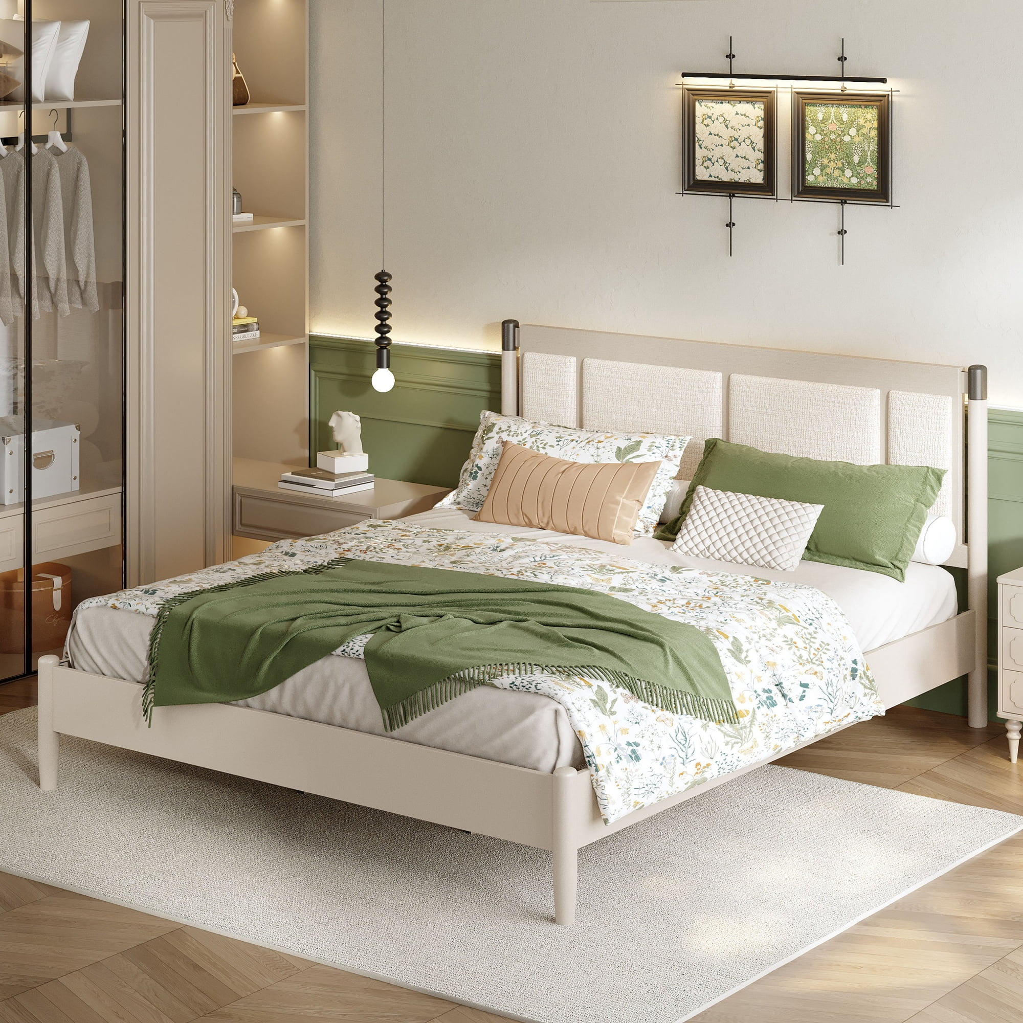King Bed Frame 81 Inch, Solid Wood Platform Bed with Upholstered Headboard and Metal Handles, Heavy Duty Bed Frame with 600 lbs Support, Grey