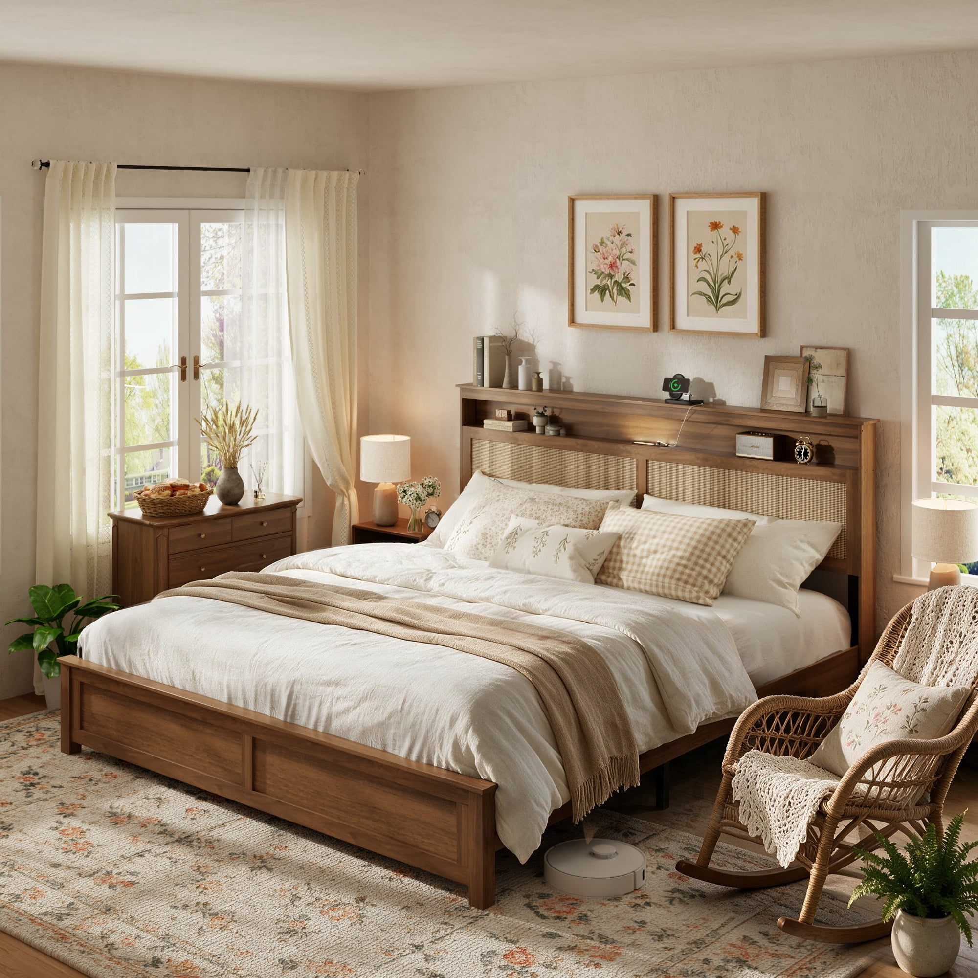King Bed Frame 86.02 Inch, Rattan Headboard with Built In LED Reading Light and Storage Shelf, Modern Farmhouse Platform Bed, No Box Spring Needed, Brown