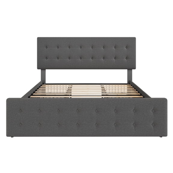 King Bed Frame with Adjustable Headboard and 4 Storage Drawers, Upholstered Platform Bed Frame Square Stitched Button Tufted, No Box Spring Needed, Noise Free, Easy Assembly