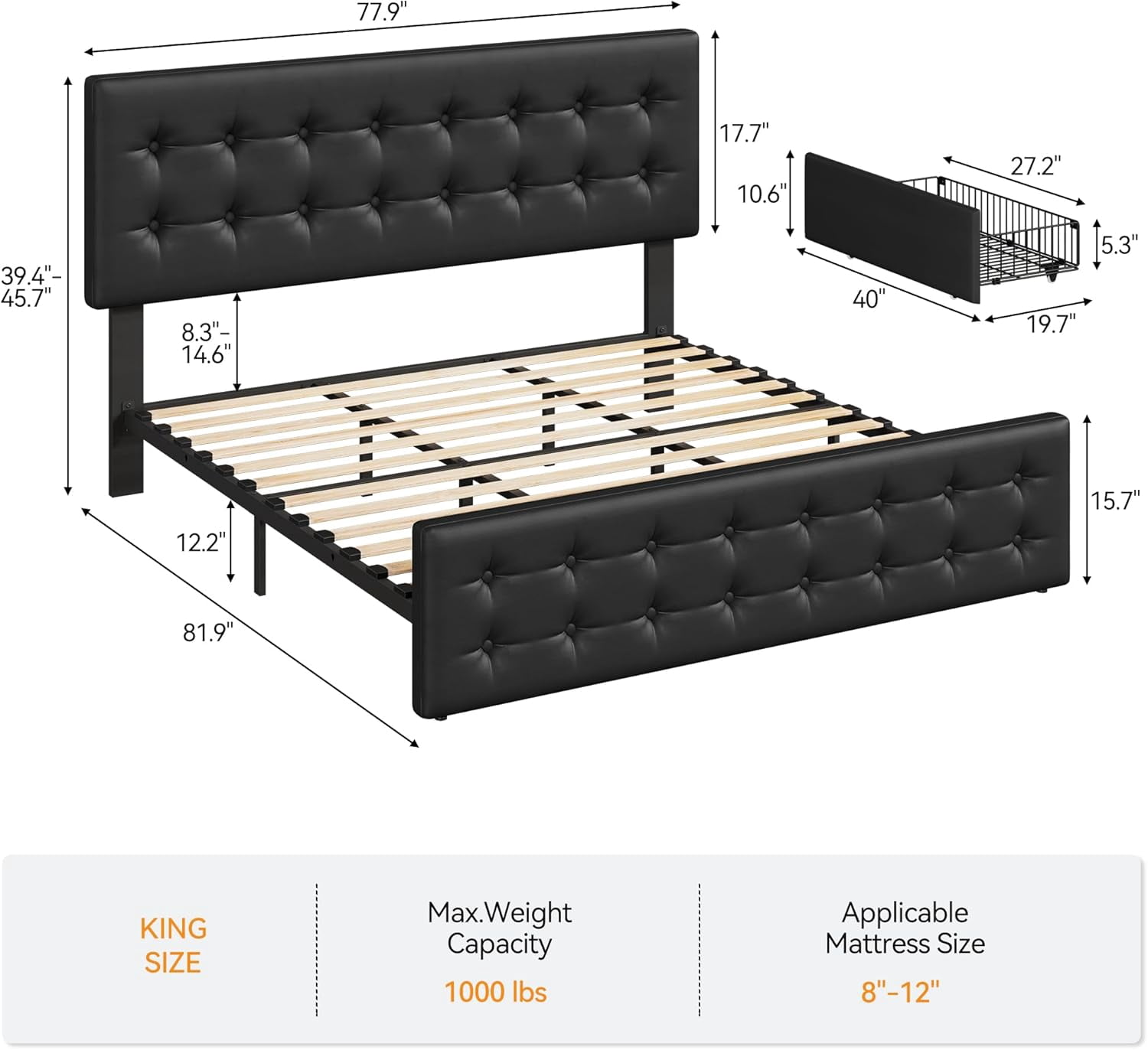 King Bed Frame with Adjustable Headboard and 4 Storage Drawers ...