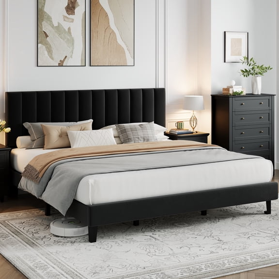 King Bed Frame with Adjustable Headboard, Velvet Upholstered Platform Bed Frame King Size, Strong Wooden Slats, No Box Spring Needed, Easy Assembly, Black
