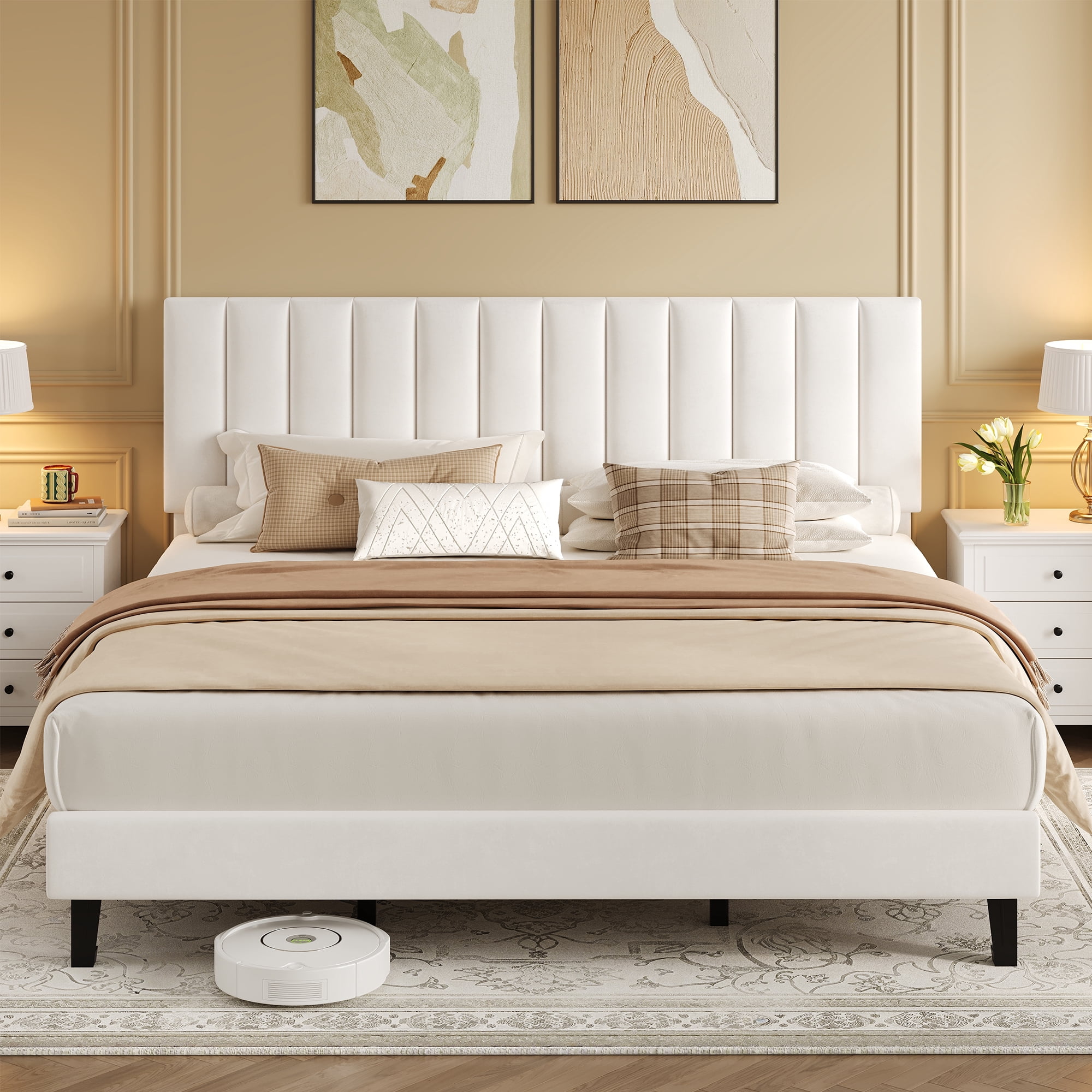 King  Bed Frame with Adjustable Headboard, Velvet Upholstered Platform Bed Frame King Size, Strong Wooden Slats, No Box Spring Needed, Easy Assembly, White