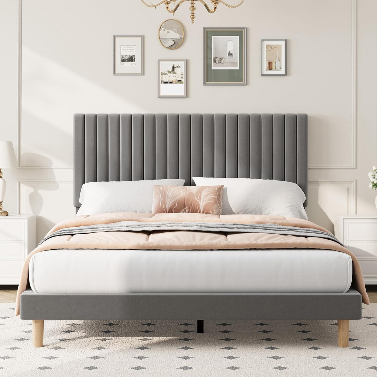 King Bed Frame with Adjustable Headboard, Velvet Upholstered Platform King Size Bed Frame, Vertical Channel Tufted, Strong Wooden Slats, No Box Spring Needed, Easy Assembly, Grey