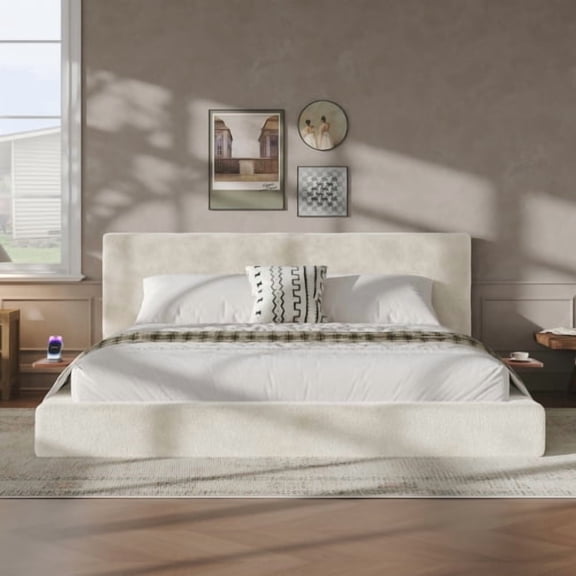 King Bed Frame with Adjustable Sliding Side Table, Upholstered Cloud Cushion Headboard, No Box Spring Needed, Easy Assembly Platform Bed for Bedroom, Off White