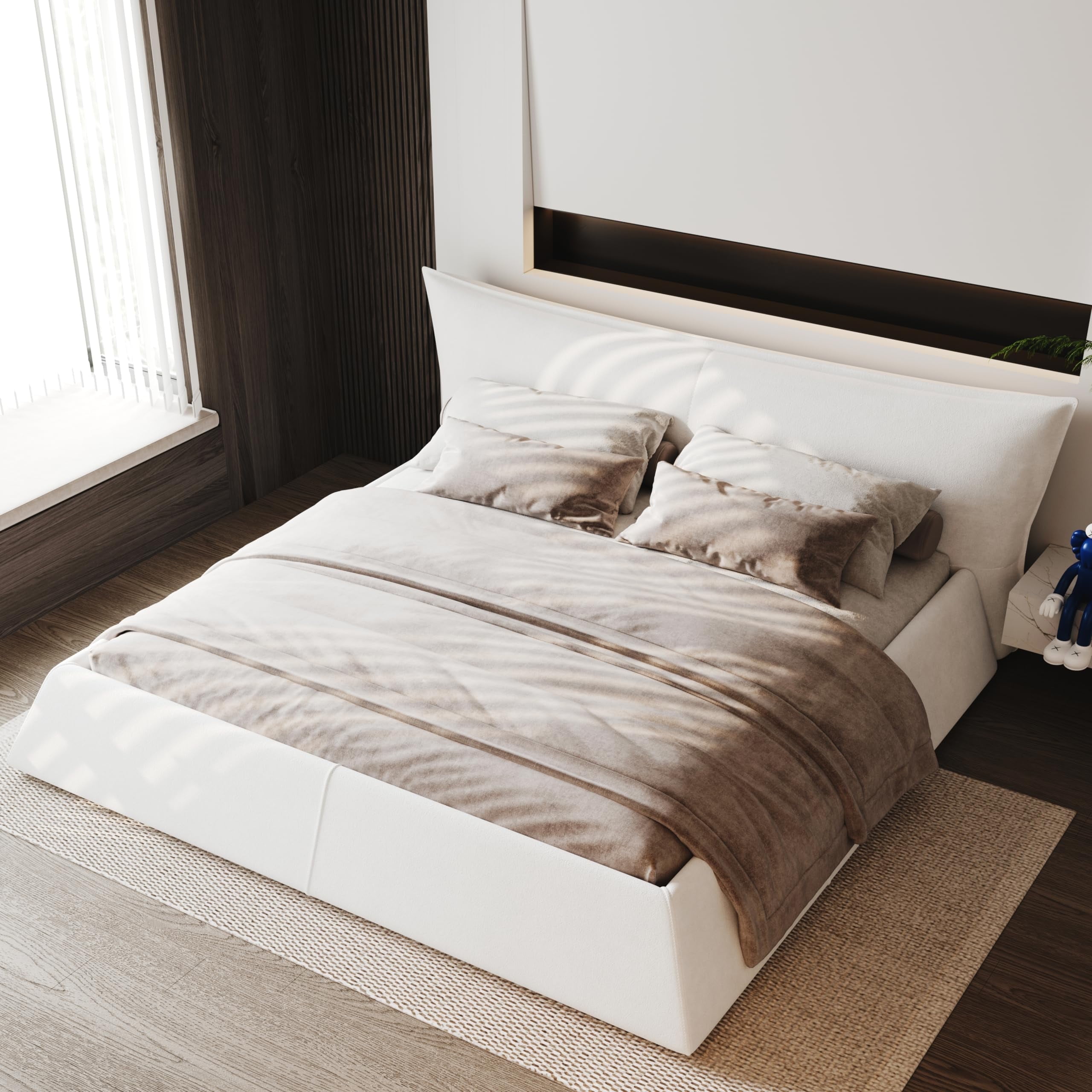 FIRSCOOK Luxury King Upholstered Platform Bed Frame with Headboard for Adults, Beige
