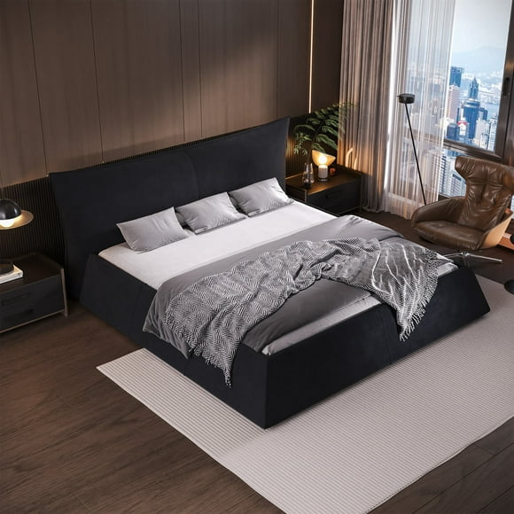 King Bed Frame And Headboard,Upholstered Platform Bed With Oversized Padded Backrest And Solid Wood Bed Frame For Bedroom,Apartment Room,Black